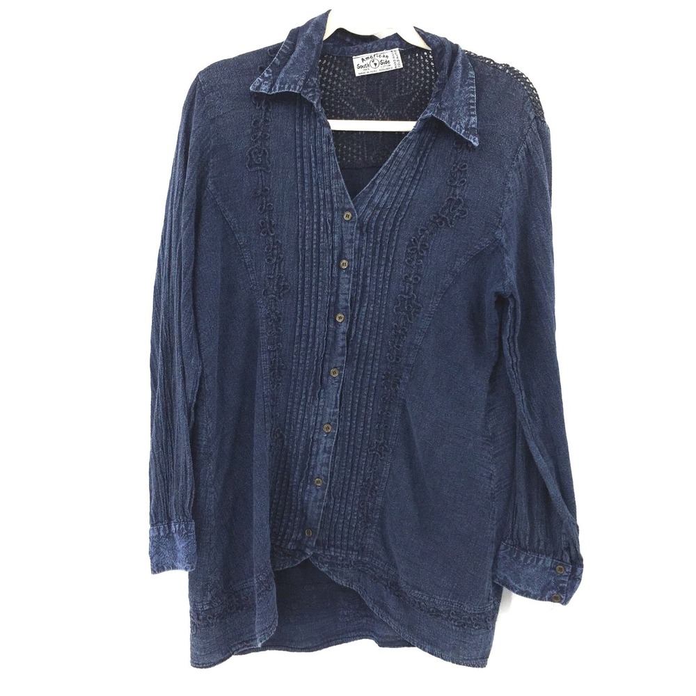 American South Side Blue embroidered boho hippy Mori Kei cottagecore folk top XL